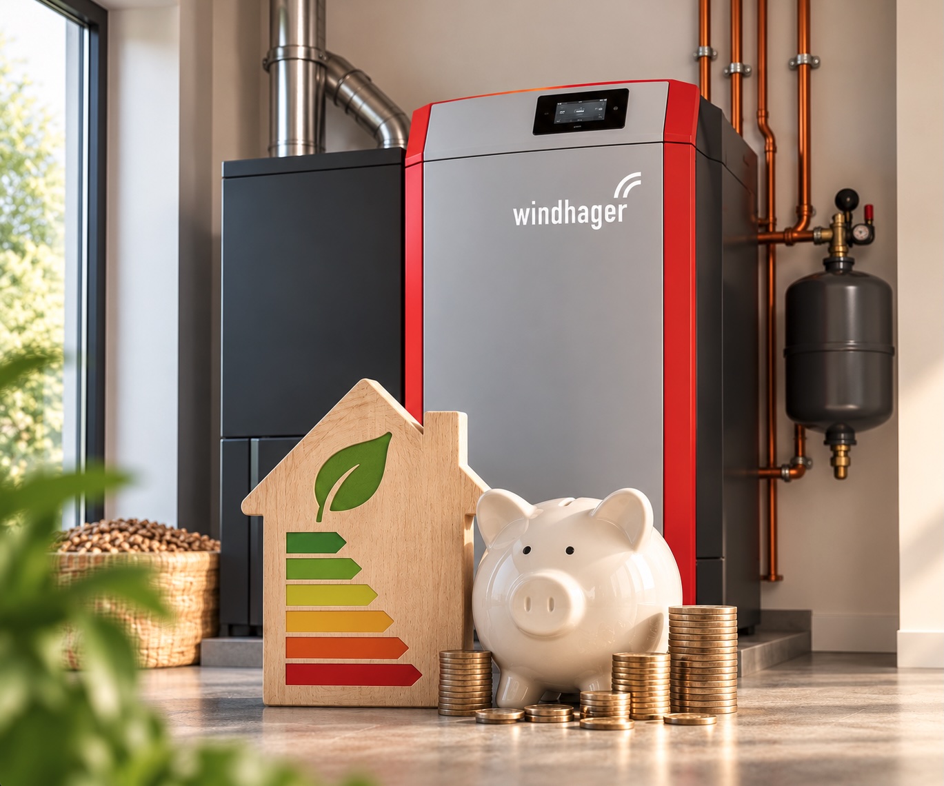 Neuer Windhager Heizkessel im Heizraum, davor ein Sparschwein mit Münzstapeln und ein Holzhaus mit Energieeffizienz-Skala