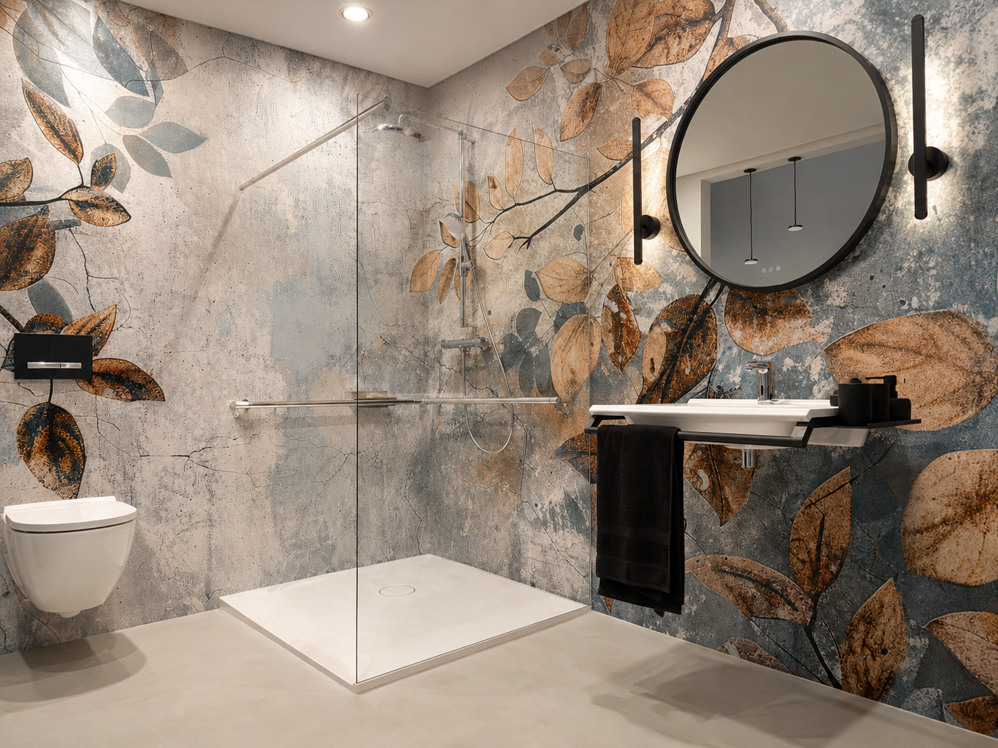 Fugenloses Bad mit Blättermuster an der Wand und Walk-in-Dusche