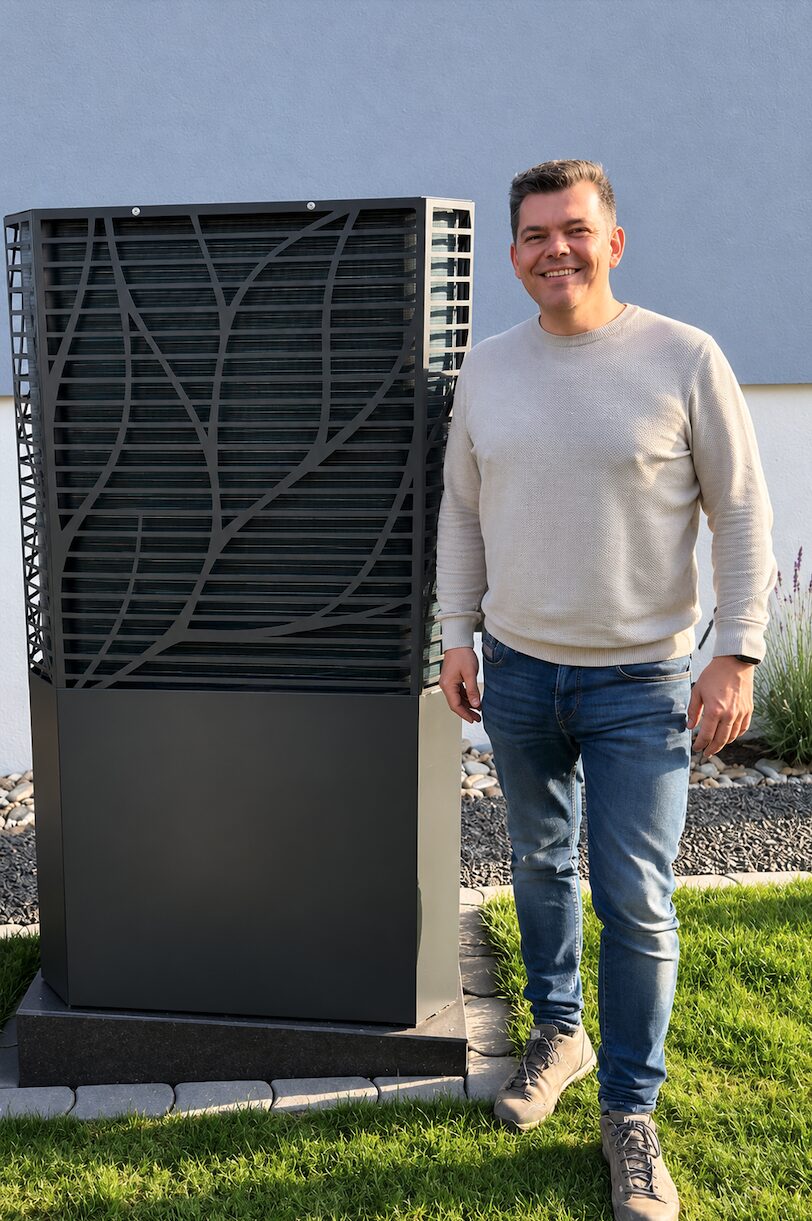 Kunde steht neben seiner neuen Lambda-Luftwärmepumpe im Garten