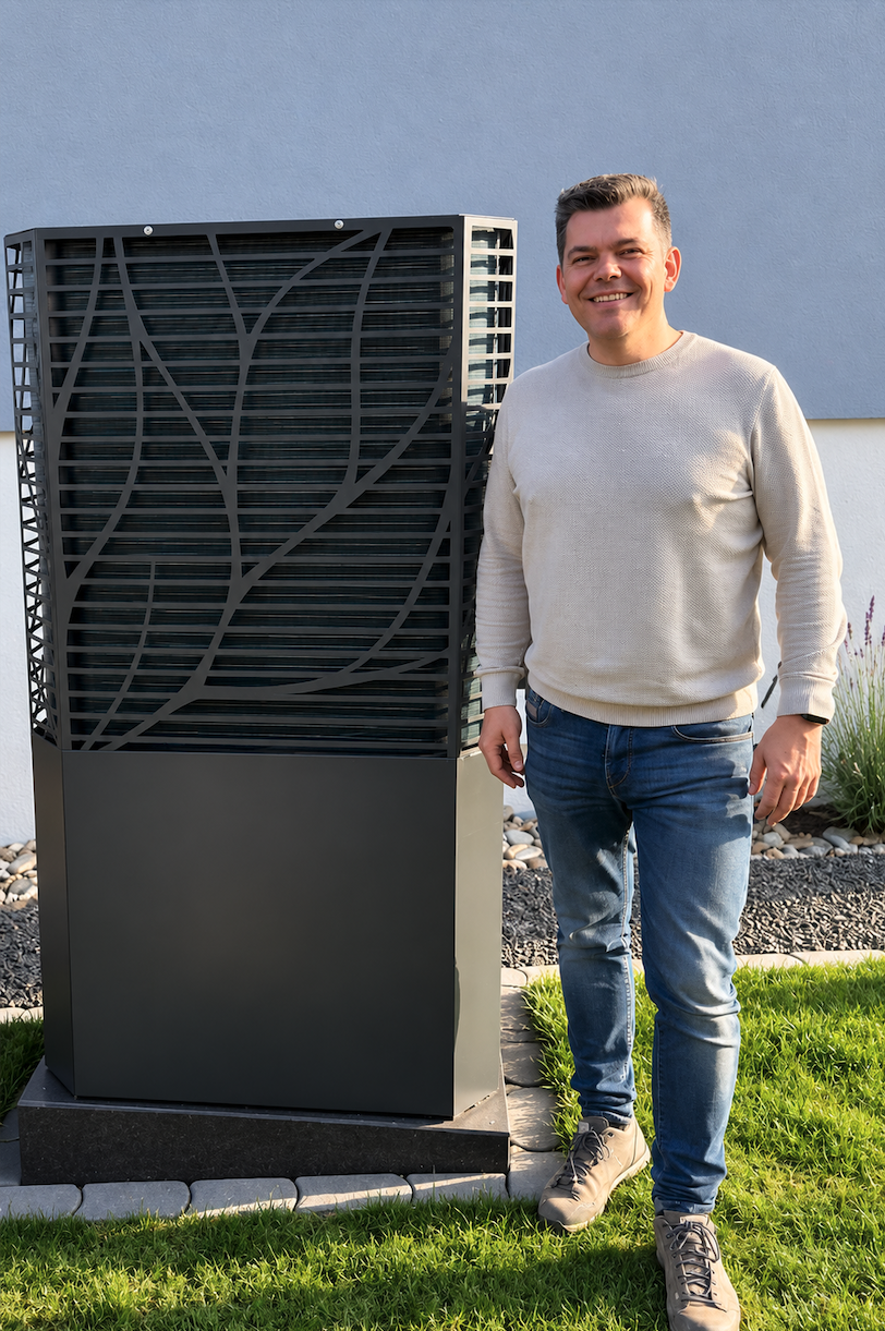 Kunde steht neben seiner neuen Lambda-Luftwärmepumpe im Garten
