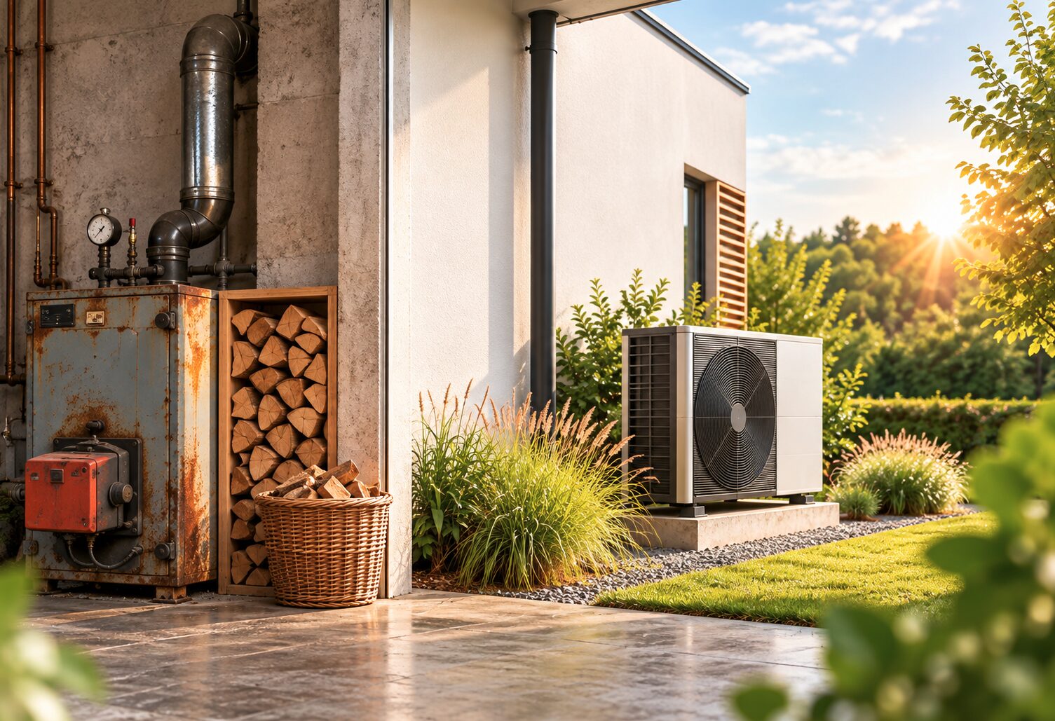 Links ein alter, verrosteter Heizkessel mit Brennholzlager, rechts eine moderne Wärmepumpe im Garten eines Wohnhauses