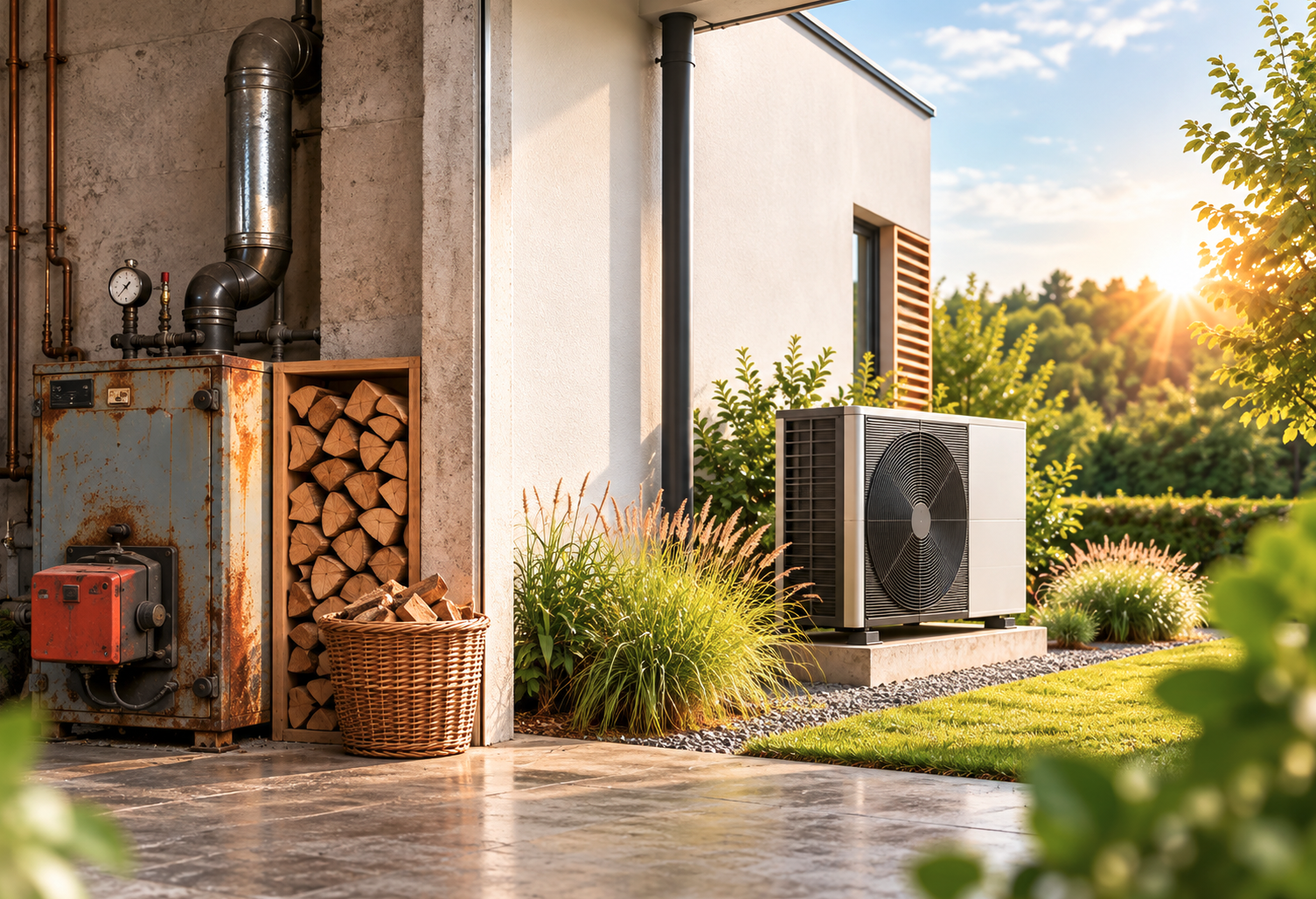 Links ein alter, verrosteter Heizkessel mit Brennholzlager, rechts eine moderne Wärmepumpe im Garten eines Wohnhauses
