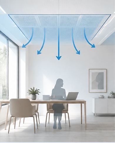 Illustration einer Kühldecke: blaue Pfeile zeigen die Kühlwirkung der Deckenfläche über einem Arbeitsplatz