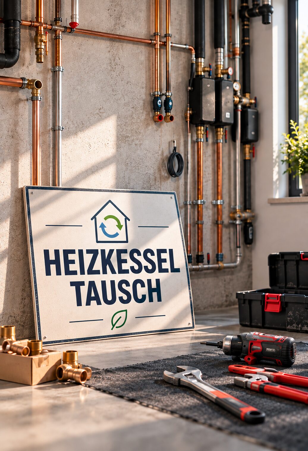 Schild mit der Aufschrift Heizkesseltausch im Heizraum, dahinter neue Kupferleitungen und Verteiler, daneben Werkzeug auf dem Boden