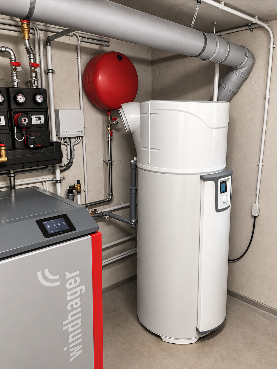 Windhager-Kessel neben einer Brauchwasserwärmepumpe im Heizraum
