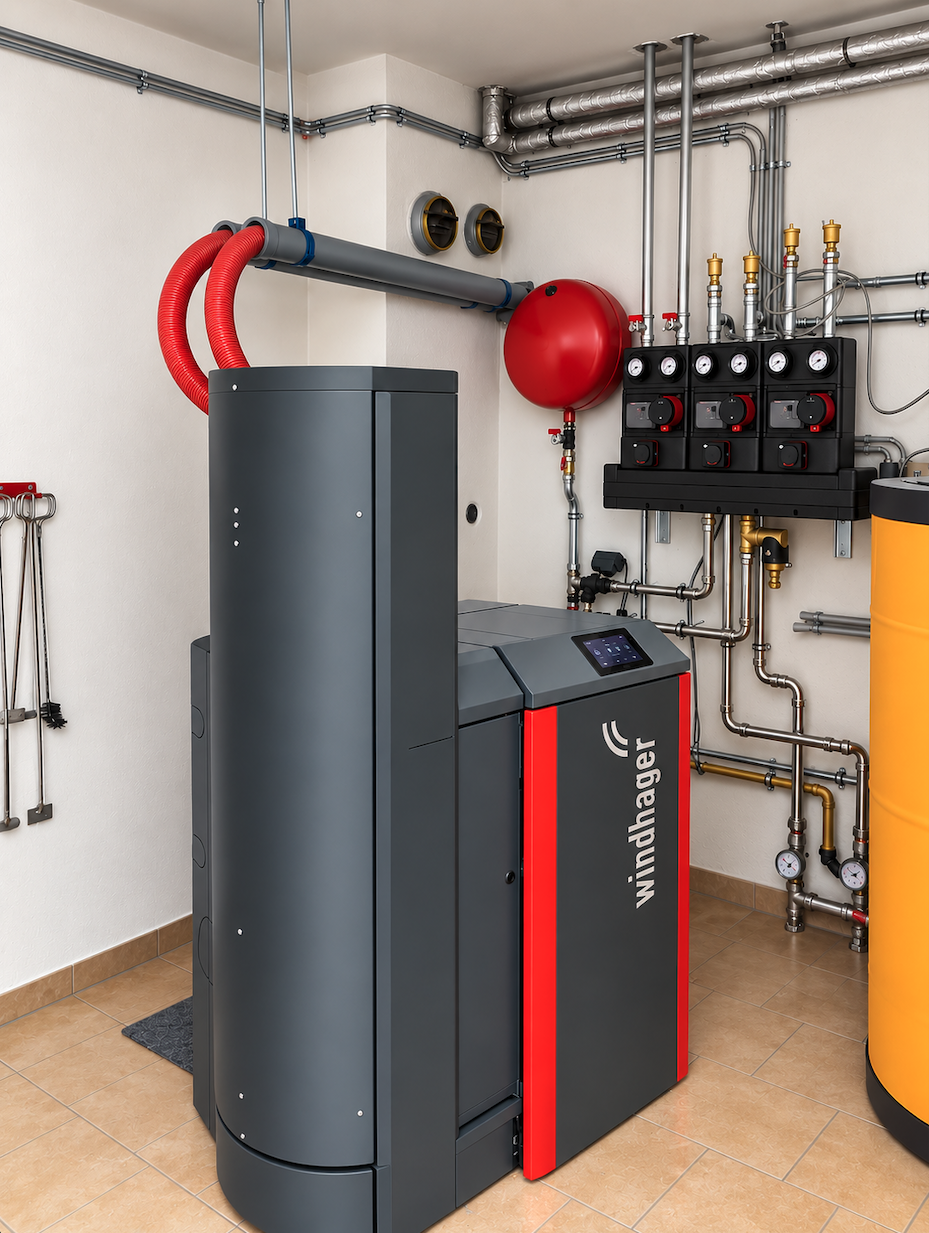 Windhager-Biomassekessel mit Pufferspeicher, Heizkreisverteiler und Ausdehnungsgefäß im Heizraum