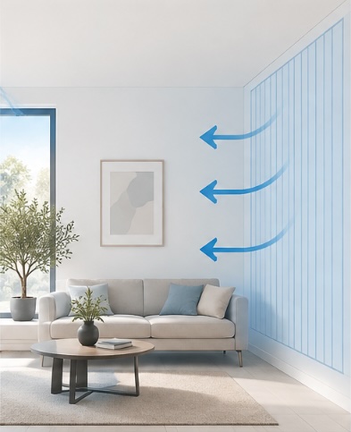 Illustration einer Kühlwand: blaue Pfeile zeigen die Kühlwirkung der Wandfläche in einem Wohnzimmer